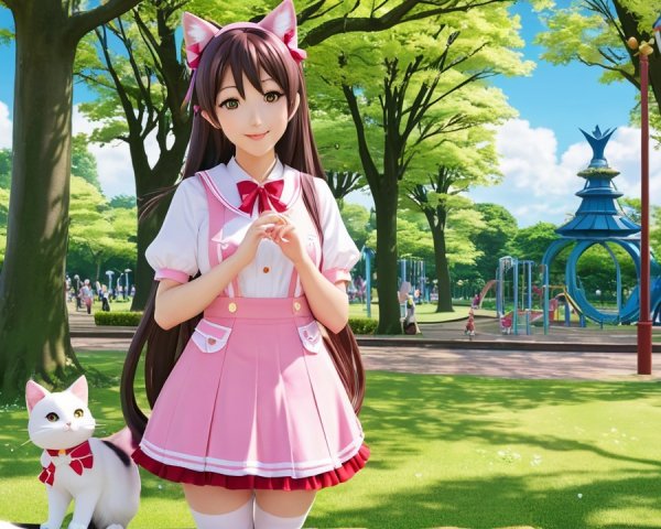 Cheerful girl in pink dress with cat in vibrant park