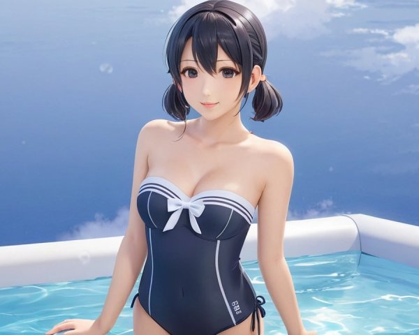 Young woman in a black swimsuit at a poolside setting