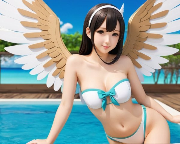 Character with Feathered Wings by Poolside in Summer