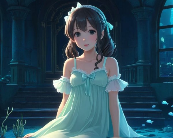 Underwater Scene with Girl in Light Blue Dress