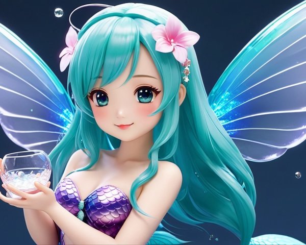 Whimsical character with turquoise hair and fairy wings