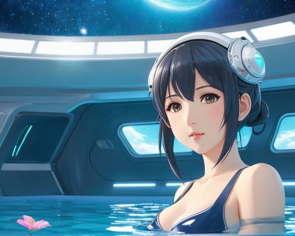 Young woman in headphones in tranquil space pool scene