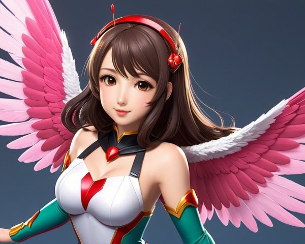 Character with Brown Hair and Pink Wings in Futuristic Outfit