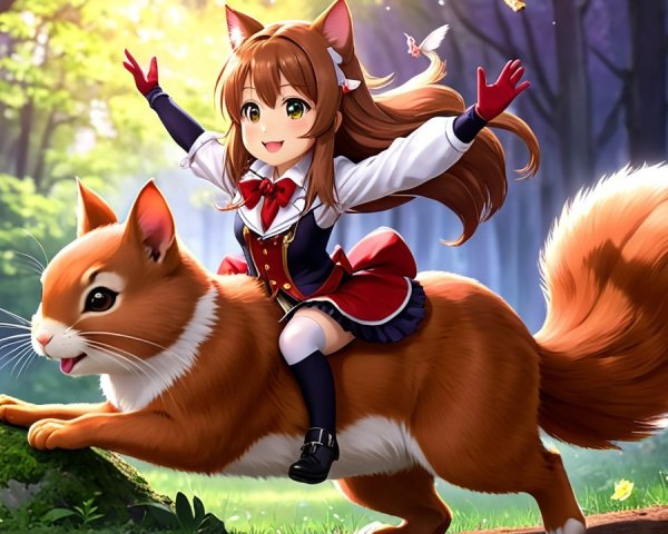 Cheerful girl in school uniform rides fluffy orange cat
