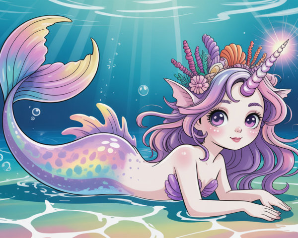 Pastel Unicorn Mermaid with Colorful Tail in Water