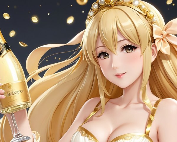 Glamorous Female Character in Golden Celebration Attire