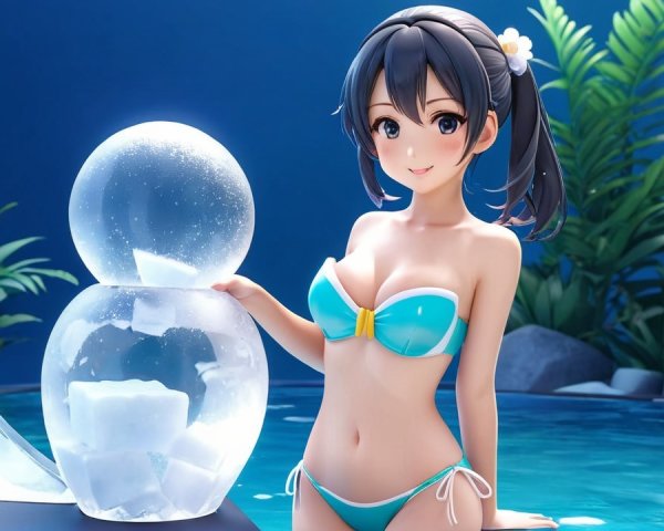 Young Woman in Blue Bikini by Poolside Setting