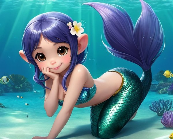 Cartoon Mermaid with Lavender Hair in Underwater Scene
