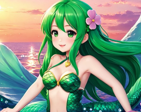Vibrant Mermaid by Ocean with Lotus Flowers at Sunset