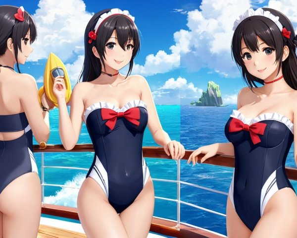 Anime Character in Sailor-Themed Swimsuit on Boat