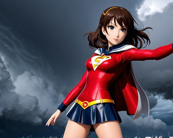 Heroic Character in Superhero Outfit Under Stormy Sky