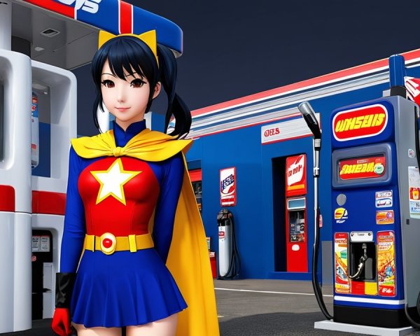 Stylized superhero character at a vibrant gas station