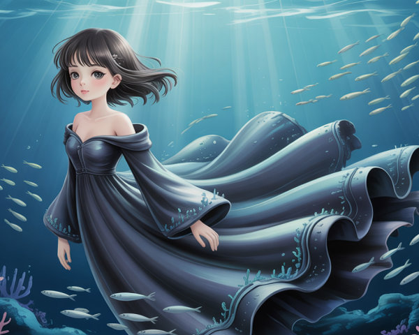 Anime-style digital painting of a girl swimming underwater