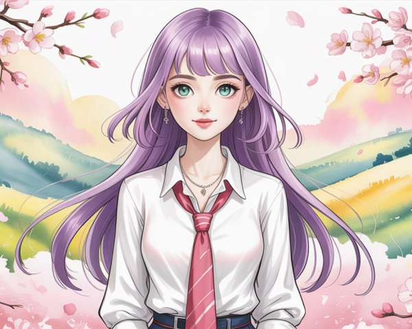 Anime-style girl with lilac hair in cherry blossoms