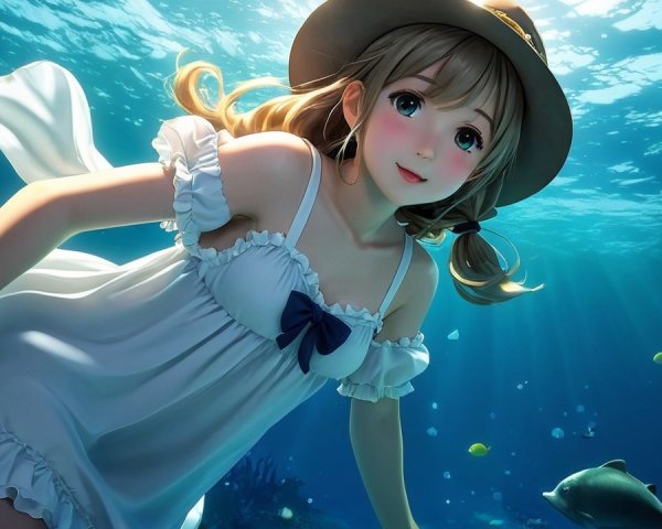 Cheerful girl swimming gracefully among colorful fish