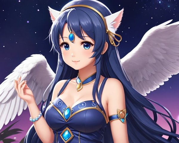 Fantasy character with blue hair and angelic wings