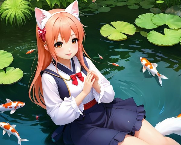 Young girl with cat ears by serene pond with koi fish