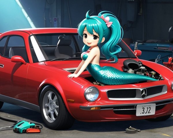 Vibrant Red Sports Car with Mermaid in Garage Setting