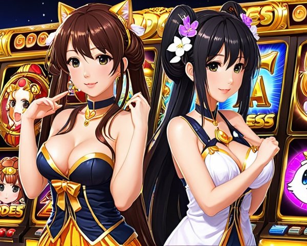 Anime Characters Posing with Colorful Slot Machine