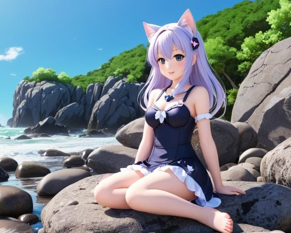 Cute anime character by the seaside in dark swimsuit