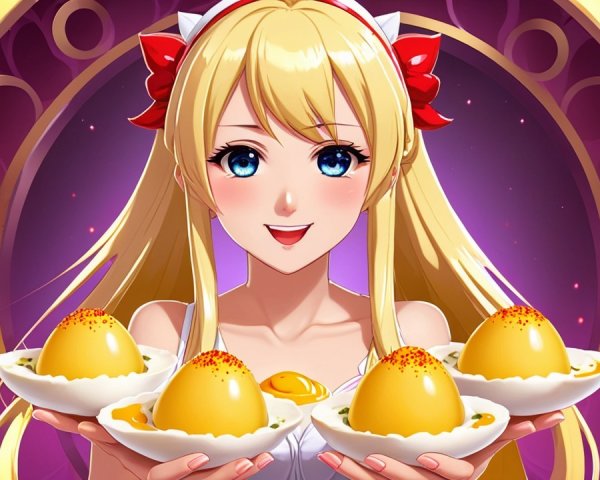 Anime Character with Egg Dishes on Purple Background