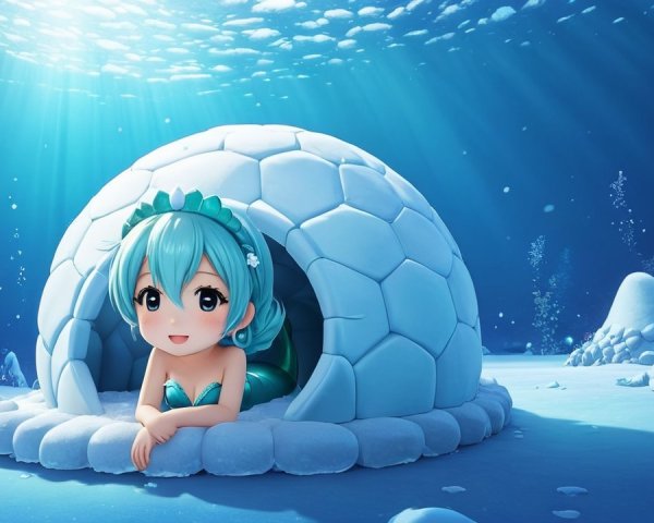 Cheerful animated character in snowy igloo scene