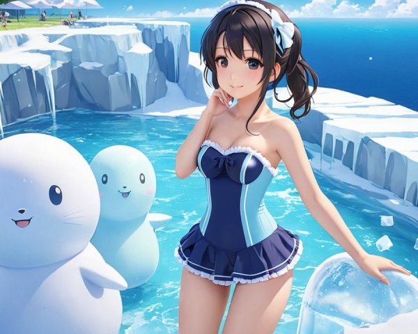 Cheerful girl by blue pool with cartoon seals