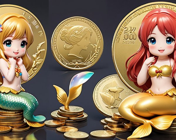 Vibrant Mermaid Figurines with Gold Coins Background