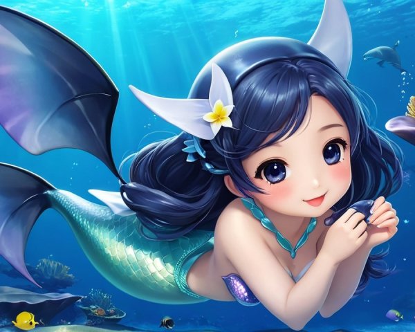 Whimsical Underwater Scene with Cheerful Mermaid