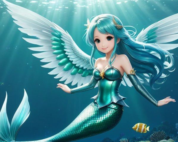 Mermaid with Aqua Hair and Teal Scales in Coral Reef
