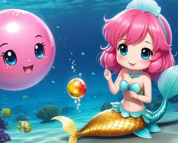Cheerful Mermaid with Pink Hair in Colorful Aquarium