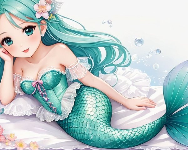 Charming Mermaid with Turquoise Hair and Flowers