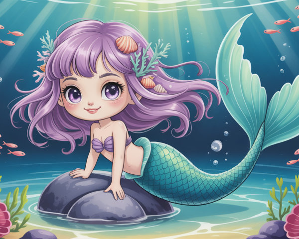 Chibi Mermaid with Purple Hair in Vibrant Underwater Scene