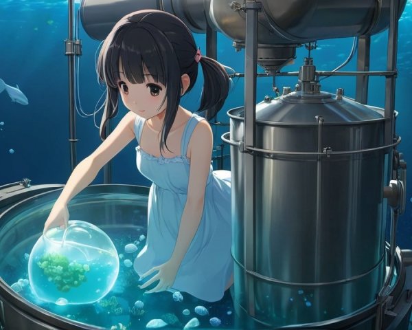 Young girl explores submerged bowl in vibrant water scene