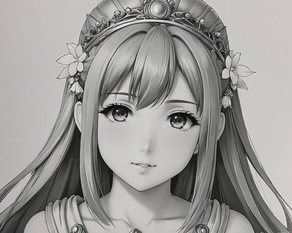 Detailed Black-and-White Illustration of Female Character