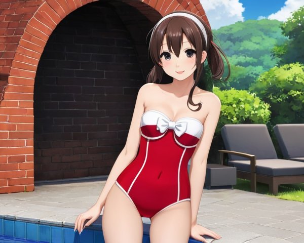 Young woman in red and white swimsuit by poolside