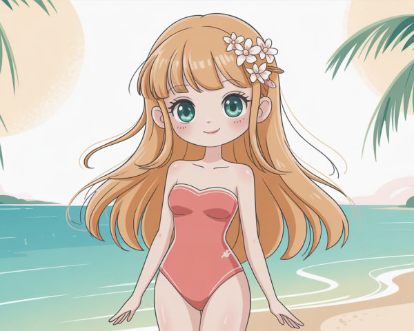 Happy Girl in Coral Swimsuit on Sandy Beach Illustration