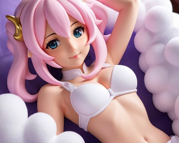 Stylized Character with Pink Hair on Purple Surface