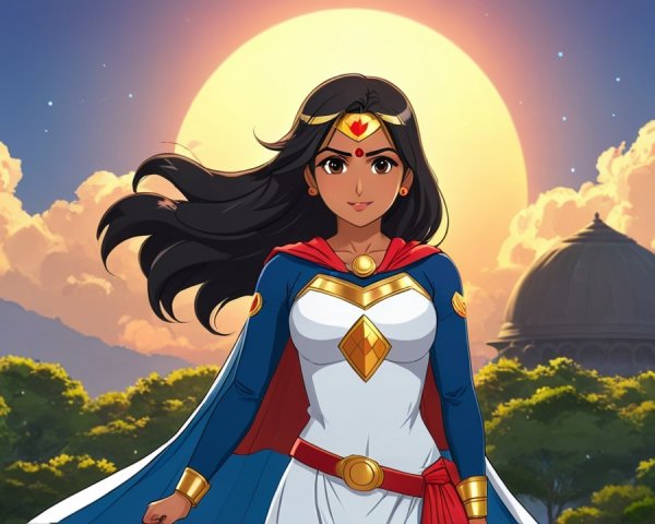 Heroic Female Character in Vibrant Sunset Scene