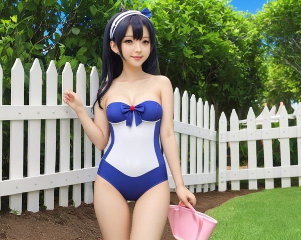 Young woman in blue and white swimsuit by fence