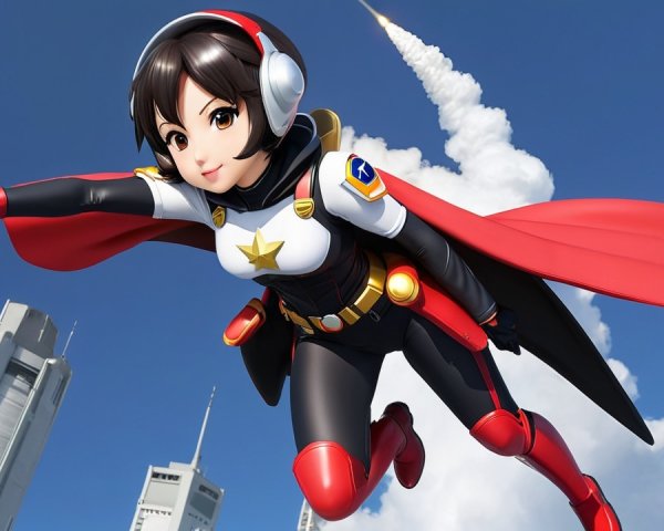 Anime Character in Superhero Outfit Soaring in Sky