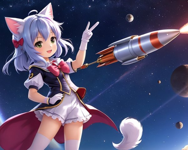 Cheerful Anime Character in Colorful Space Setting