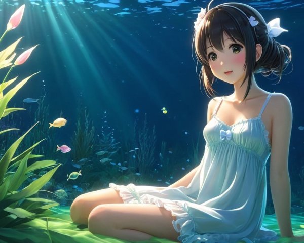 Underwater Scene of a Girl in a White Dress