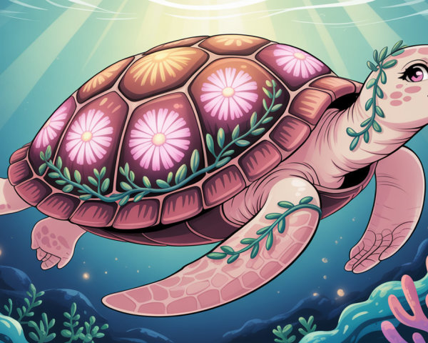 Stylized pastel pink sea turtle in vibrant underwater scene