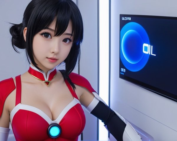 Futuristic Female Character in Red and White Outfit