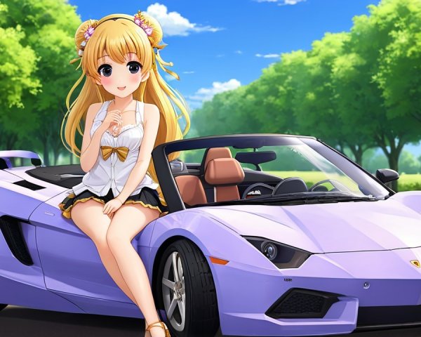 Cheerful Anime Girl on Lavender Convertible Car