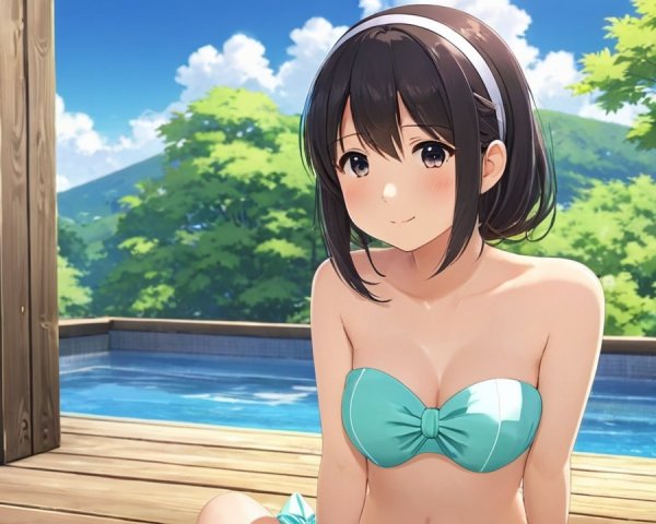 Young girl by outdoor pool in summer setting