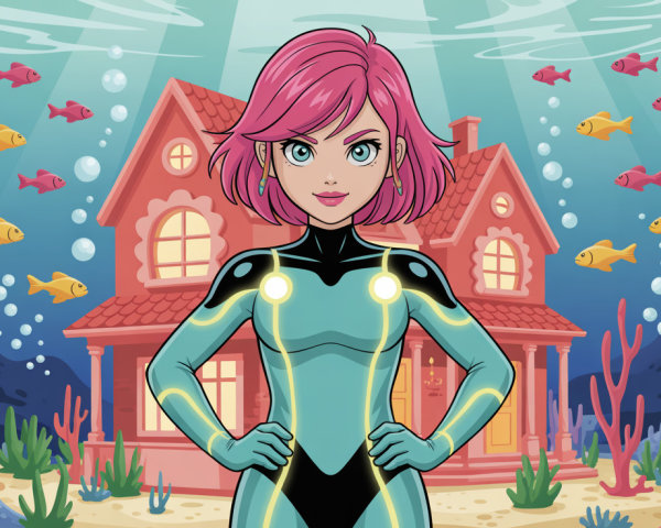 Vibrant Illustration of a Young Woman in Wetsuit Underwater