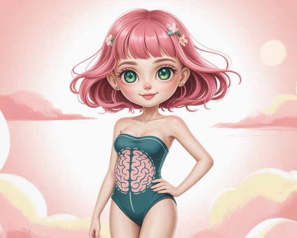 Anime Illustration of Girl with Pink Bob Hair and Swimsuit