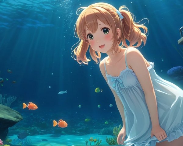 Cheerful girl underwater with colorful fish and coral